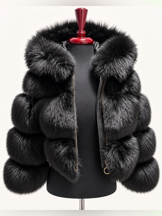 Jackets & Blazers - Black Genuine Fox Fur Jacket Hooded Zip Up Luxury Winter Coat Women